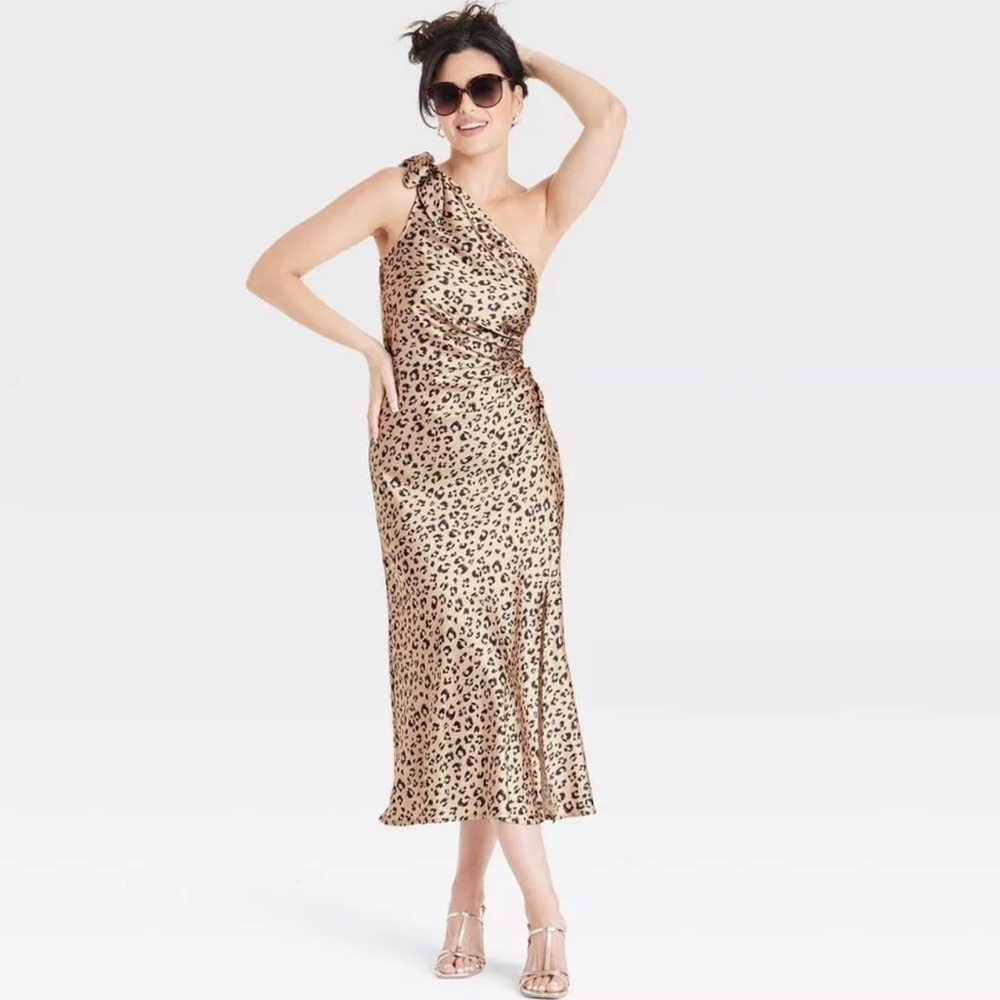Women's One Shoulder Midi Dress - A New Day Brown Leopard Print XL